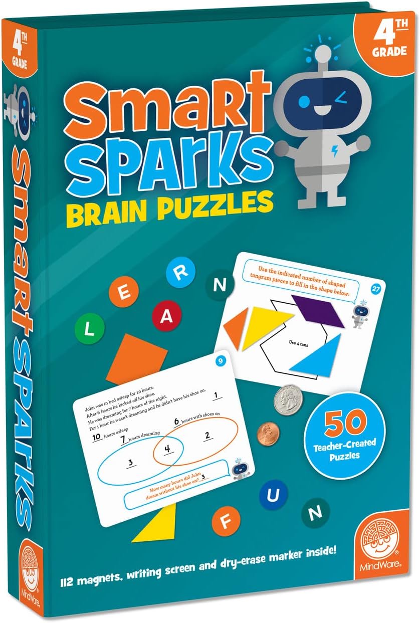 MindWare Smart Sparks Brainy Puzzles: Grade 4 – Logic & Reasoning Puzzles for Kids Ages 9 & Up